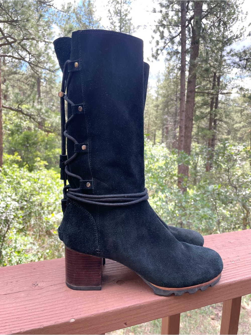 Sorel Farah Black Suede Mid Calf Boots Sz 11 Waterproof Fall Chunky Lace Up